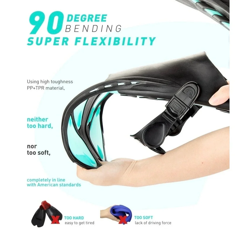 CAPAS Snorkel Fins Black Teal Open‎ Heel Adjustable Travel Flippers S/MD JR 9-13